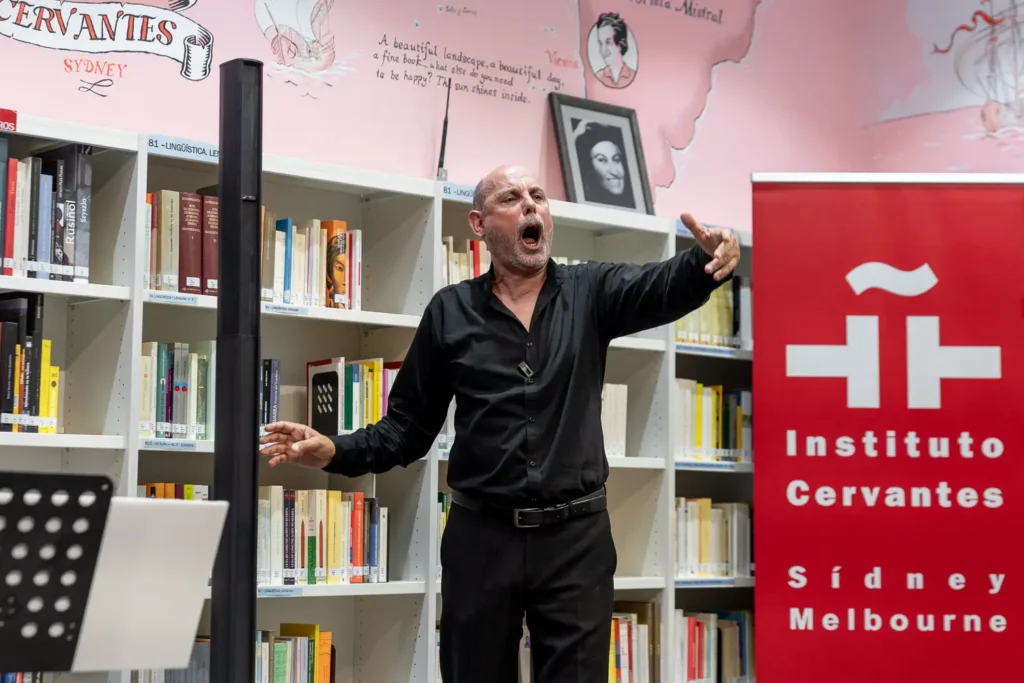 Close-up of Luis Llaneza singing during live performance at Instituto Cervantes in Sydney