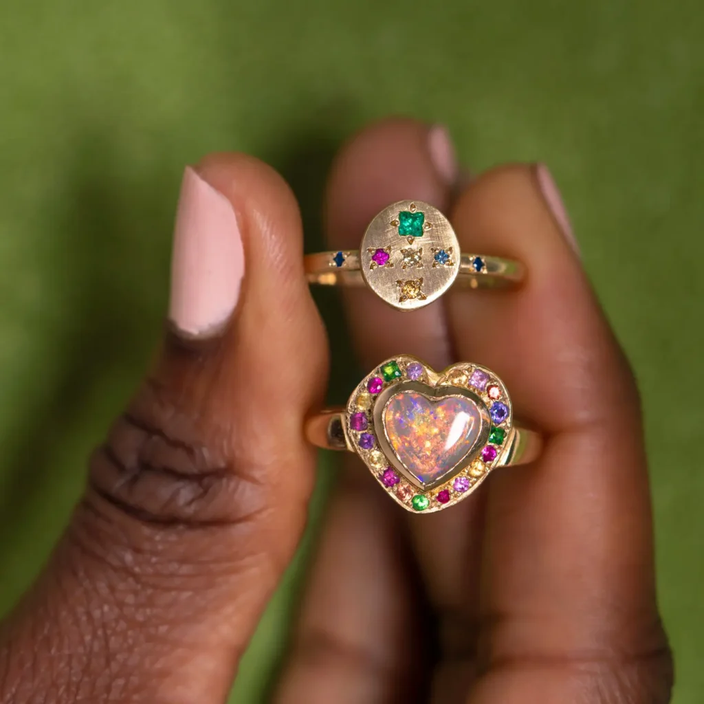 Close-up ring photography of a heart shaped opal ring with studio light