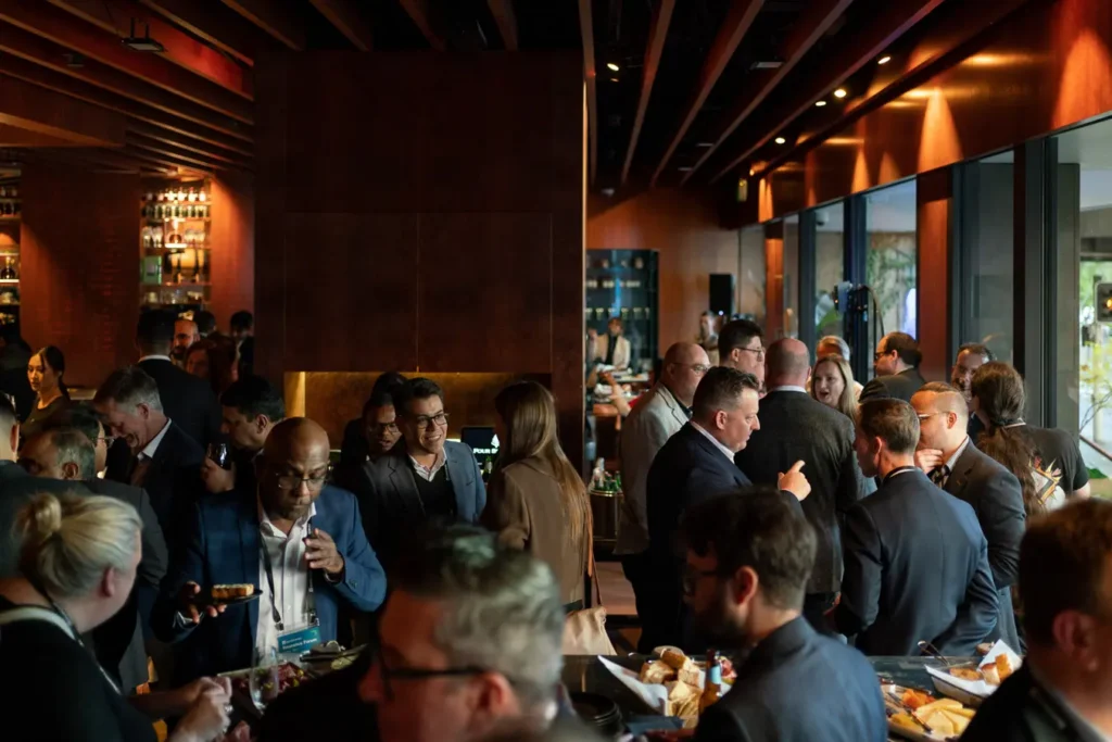 Wide room view of a corporate Christmas lunch in Sydney