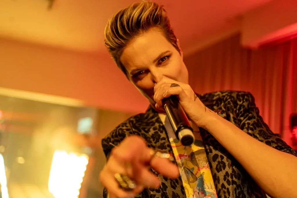 Live performer on stage at a Sydney Christmas party function