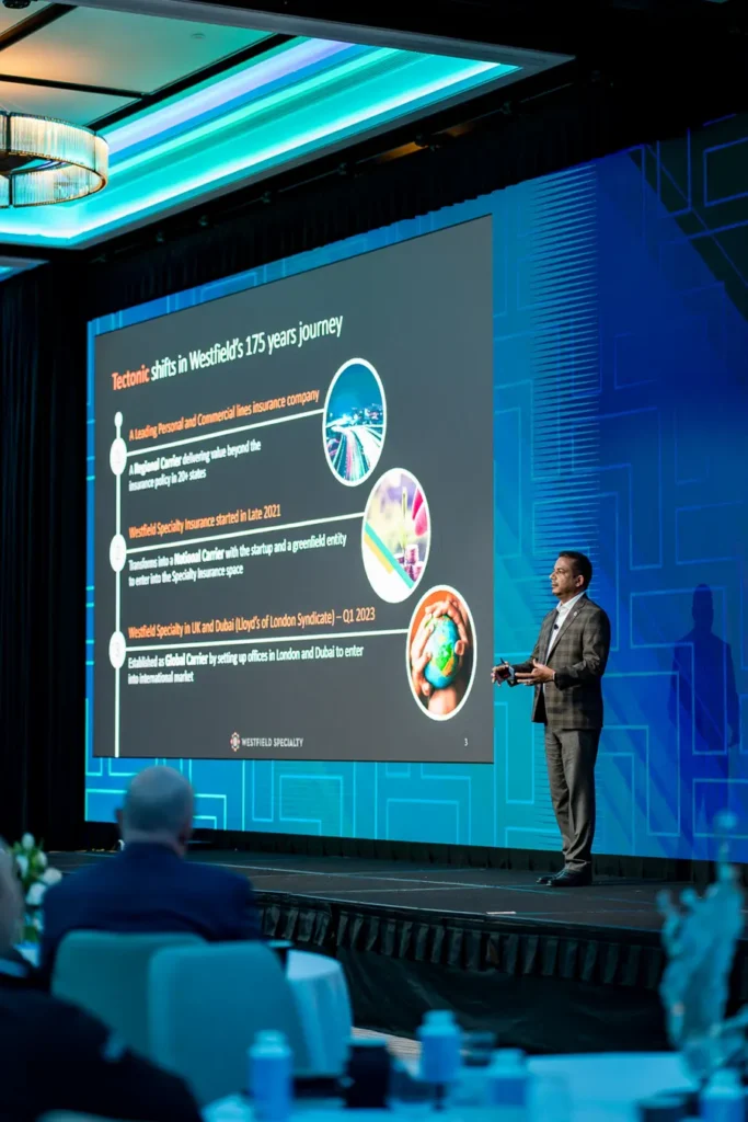 Keynote speaker presenting on stage at Guidewire Insurance Forum Sydney 2023