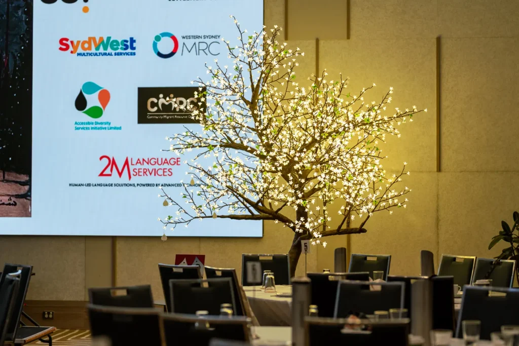 Illuminated tree installation at the Silence to Power conference at PARKROYAL Parramatta