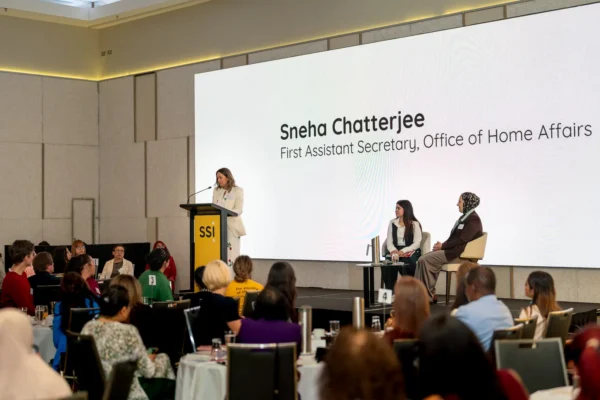 Sneha Chatterjee speaking at the International Women’s Day conference in Parramatta