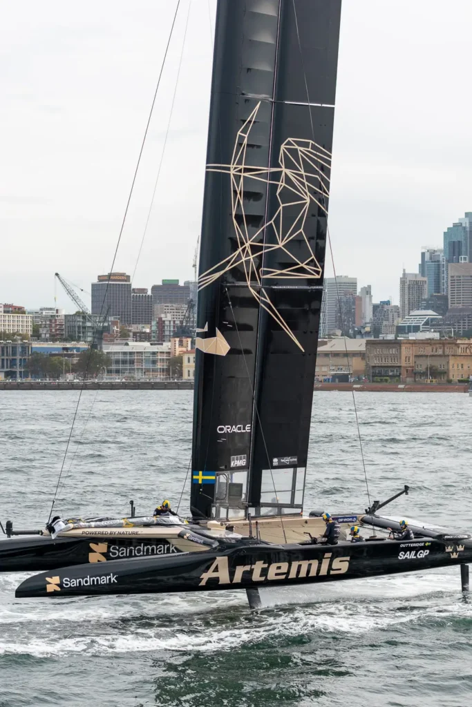 Artemis Technologies Sweden SailGP team foiling across Sydney Harbour