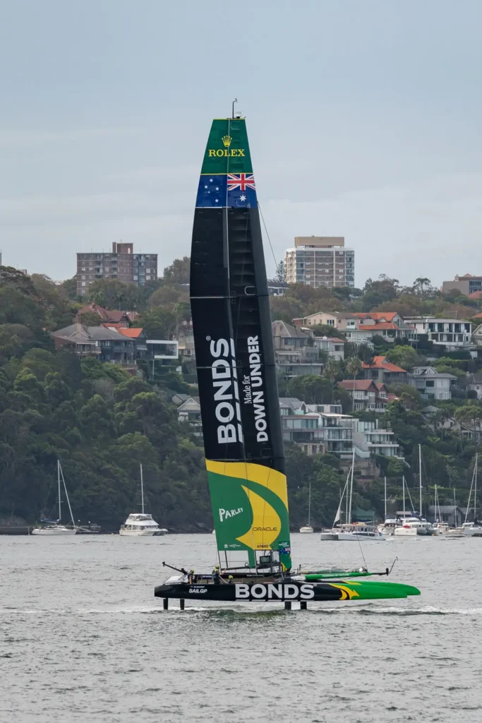 Bonds Australia SailGP F50 catamaran foiling across Sydney Harbour