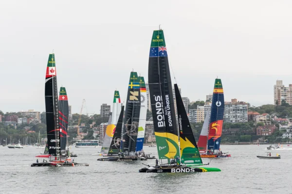 Australia SailGP Team BONDS F50 catamaran among the SailGP fleet on Sydney Harbour before racing