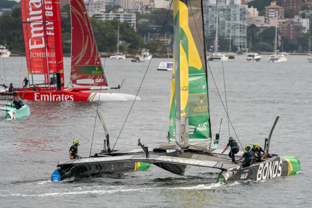 Close-up of the Australia SailGP Team BONDS F50 catamaran manoeuvring on Sydney Harbour
