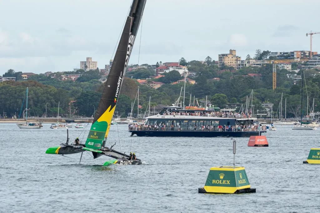 Australia SailGP team near the race start line on Sydney Harbour