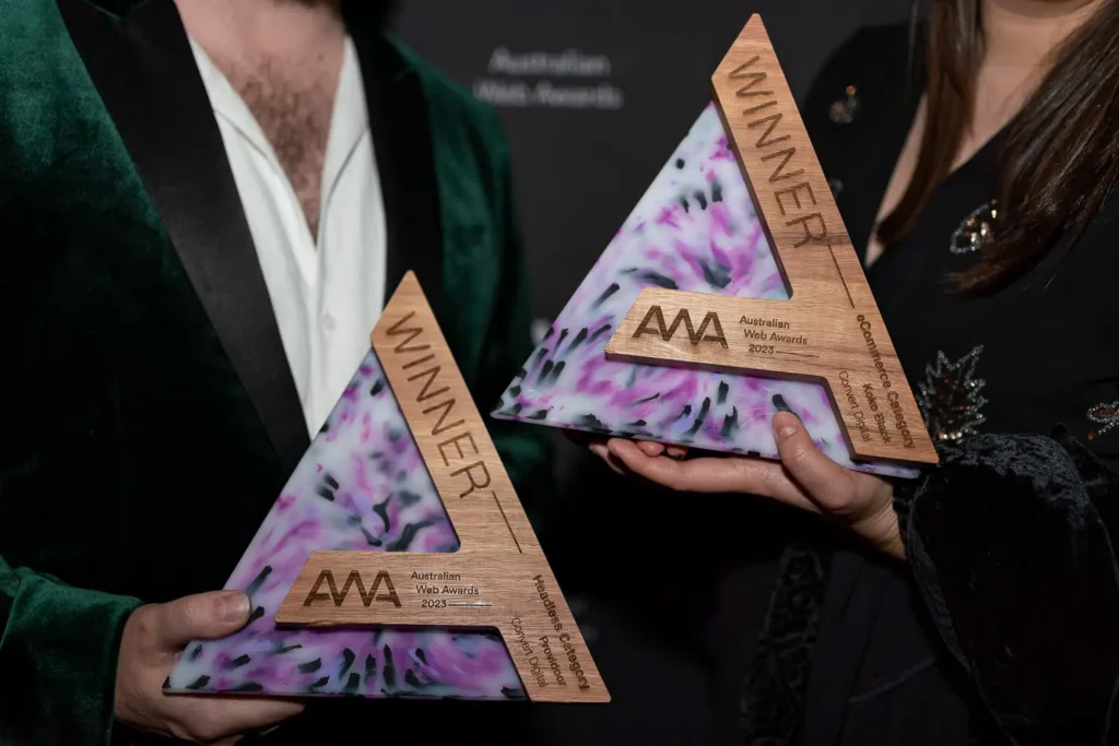 Close up of Australian Web Awards winner trophies