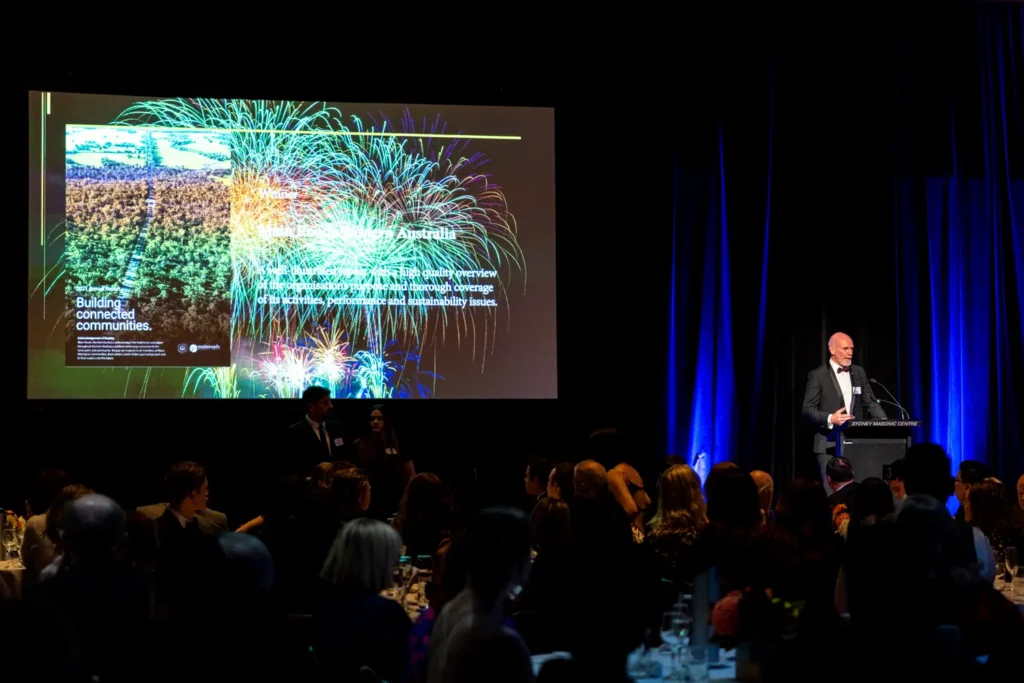 Corporate event speaker presenting during awards night ceremony