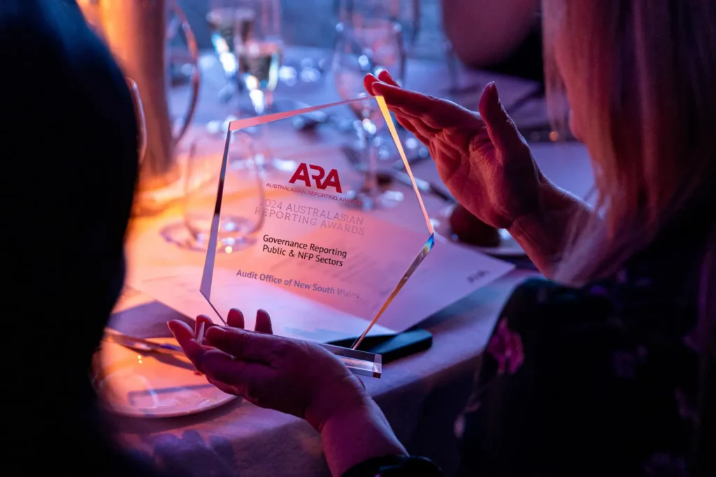 Close-up photo of crystal trophy at Sydney awards event