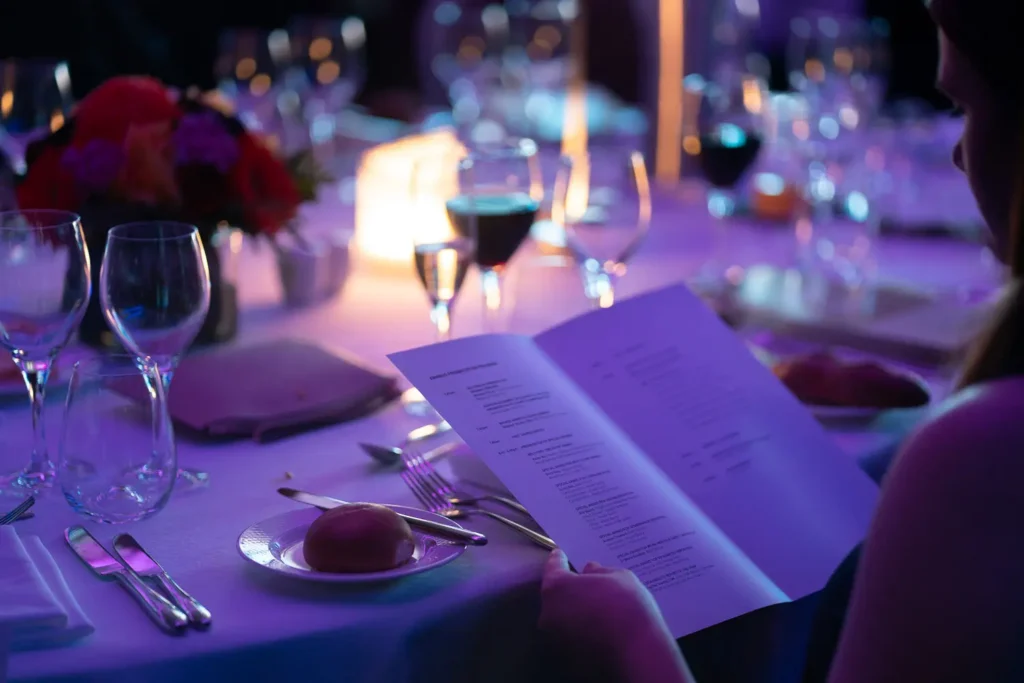 Elegant black-tie dinner table setup at Shangri-La Sydney corporate awards night