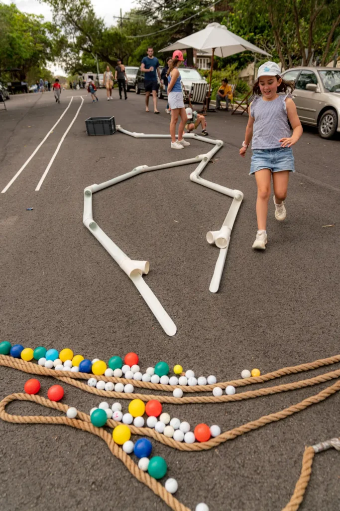Child running through outdoor obstacle game during Sydney community event