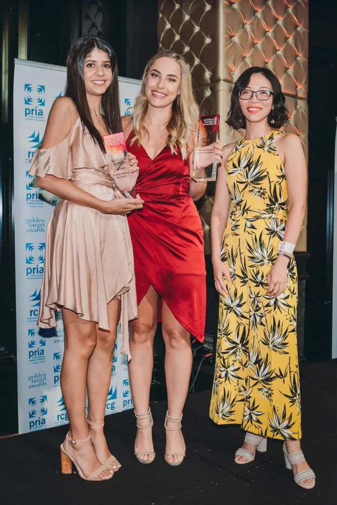 Winners posing with awards during a corporate awards night in Sydney