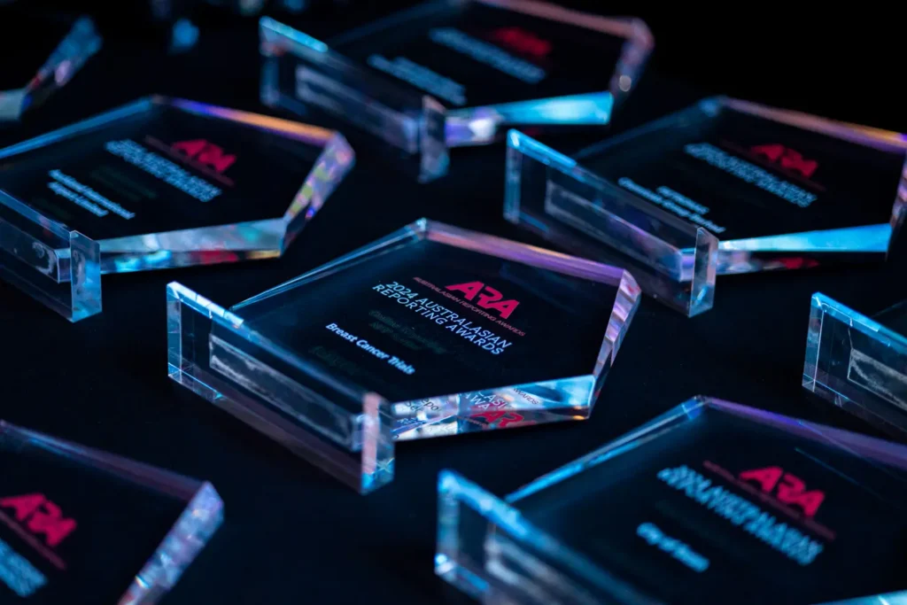 Close-up detail of corporate awards trophies at Sydney gala event