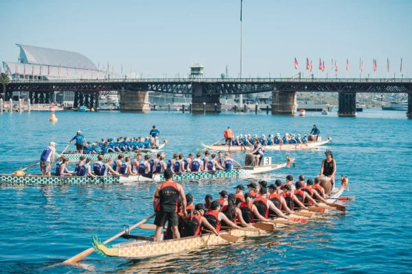 Several dragon boat teams lining up before race start near Pyrmont Bridge