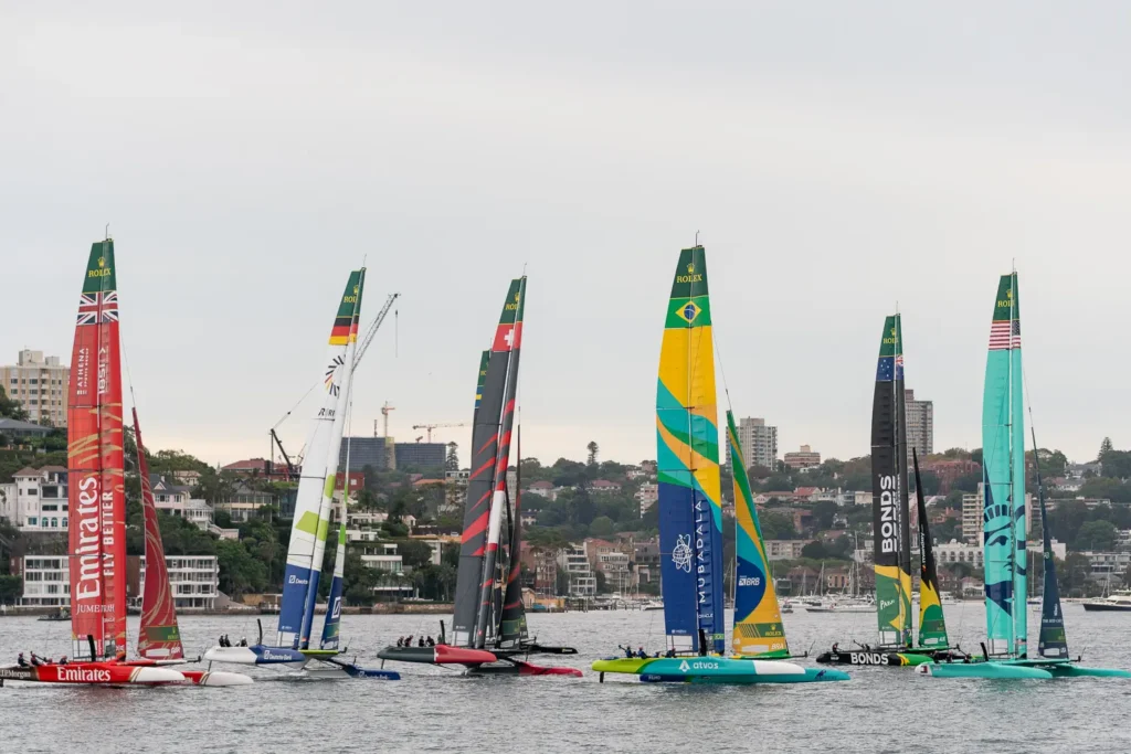 Emirates Great Britain, Brazil, Australia and USA SailGP catamarans gathered on Sydney Harbour before racing