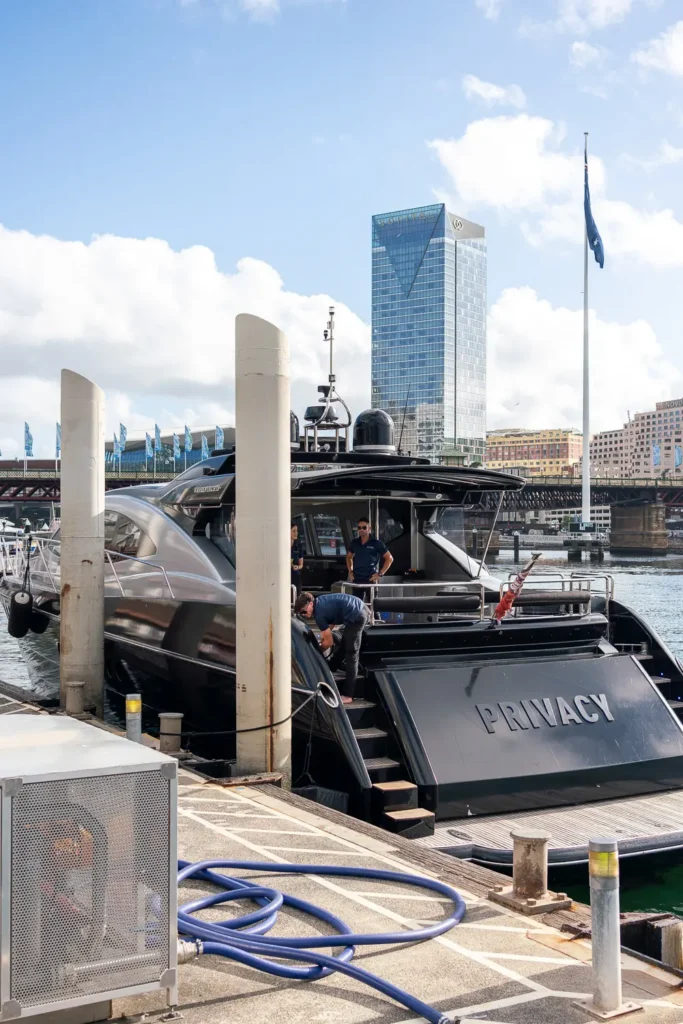 Luxury super yacht Privacy docked at Sydney Harbour for executive corporate event