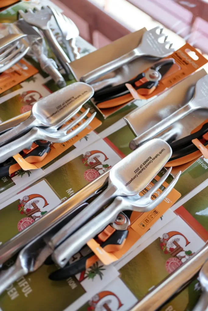 Gardening tools and prizes displayed for North Sydney garden competition winners
