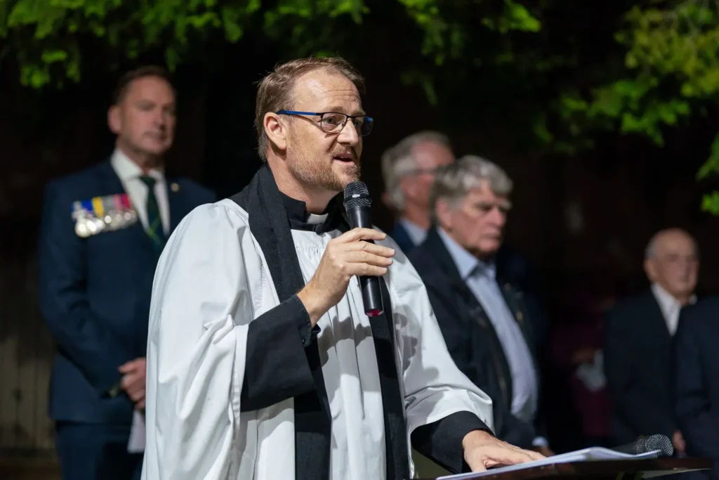 Anglican minister speaking during the Hunters Hill ANZAC Memorial Service