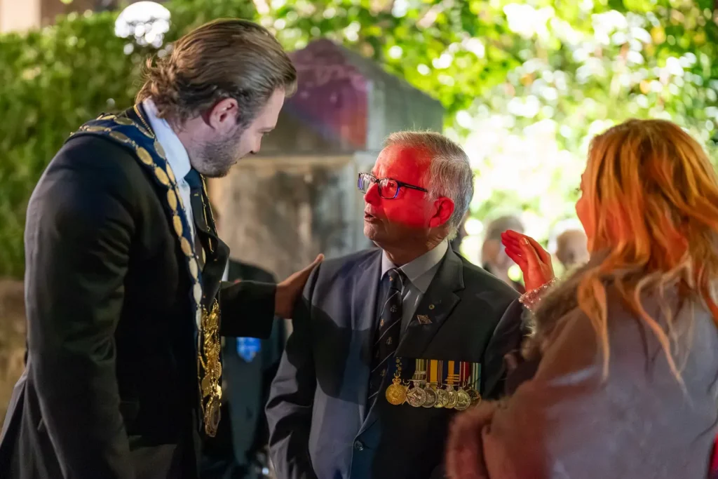 Veterans and community members speaking after the Hunters Hill ANZAC service