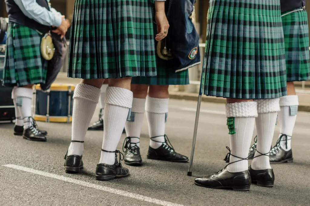 Traditional Irish kilts and musicians preparing for the Sydney St Patrick’s Day Parade