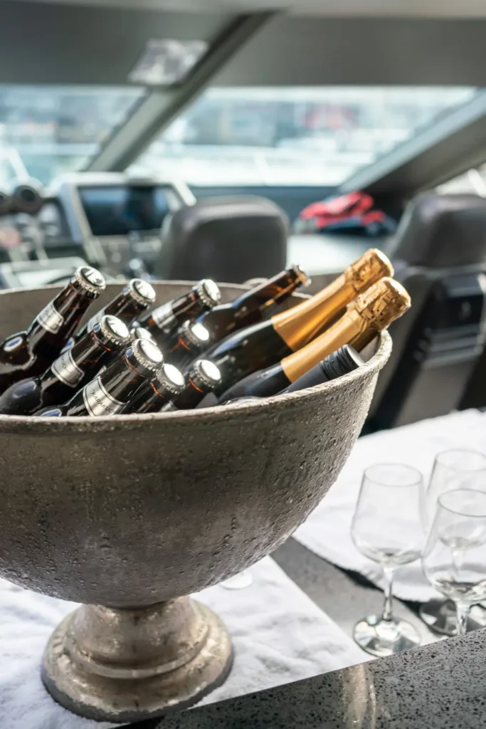 Champagne and drinks setup during Sydney Harbour executive yacht event