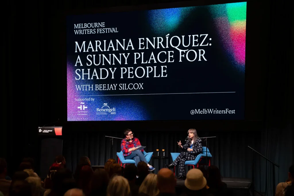 Mariana Enriquez speaking at Benengeli 2025 during the Melbourne Writers Festival conversation with Beejay Silcox