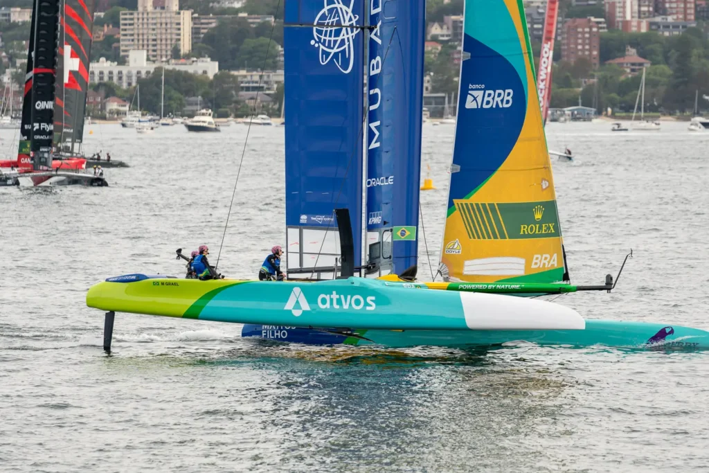 Close-up of the Mubadala Brazil SailGP team racing on Sydney Harbour