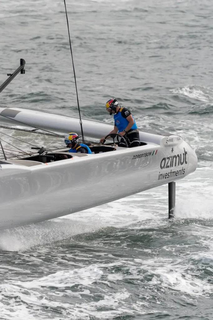 Close-up of the Italy SailGP team foiling across Sydney Harbour during SailGP Sydney 2026