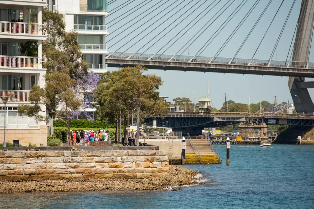 Walkers crossing pathways near the Anzac Bridge during Seven Bridges Walk