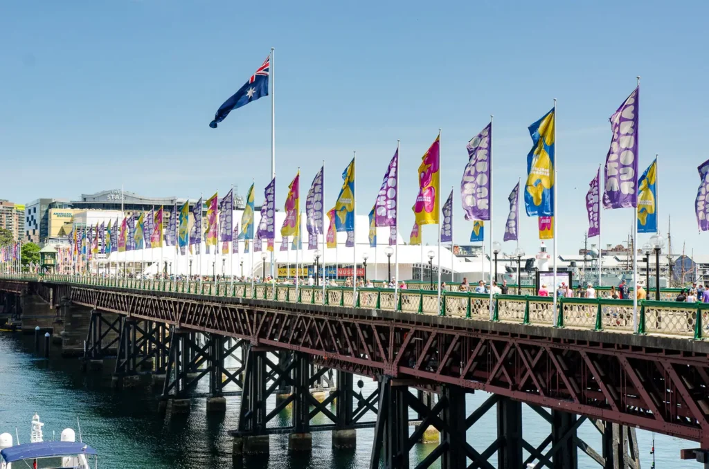 Pyrmont Bridge decorated for the Seven Bridges Walk community fundraising event