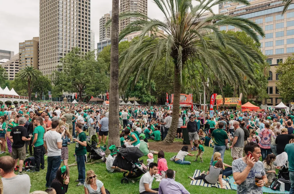 Large crowd gathered in Hyde Park during Sydney St Patrick’s Day celebrations