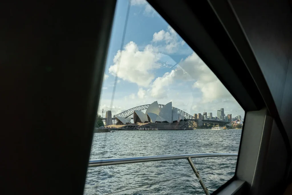 Sydney Opera House view from luxury yacht on Sydney Harbour