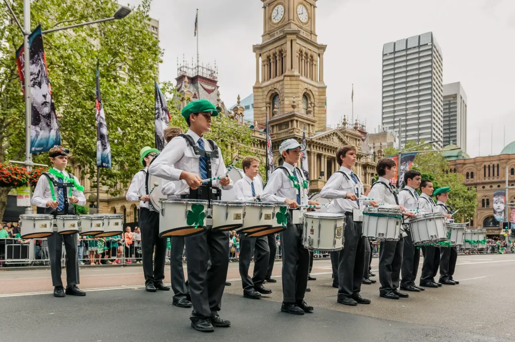 Young drummers performing during the Sydney St Patrick’s Day Parade near Sydney Town Hall