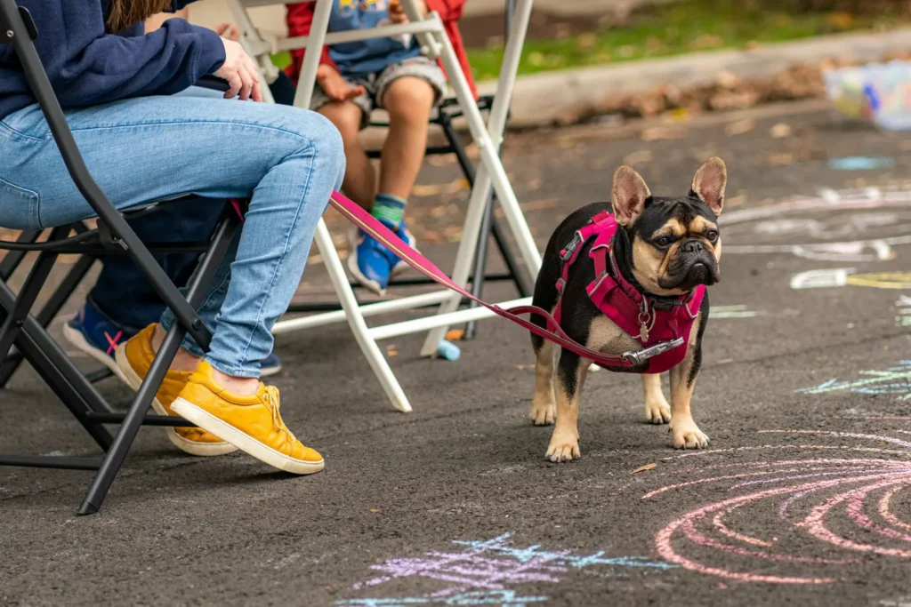 Dog standing beside families during Street Play community event in Wollstonecraft Sydney
