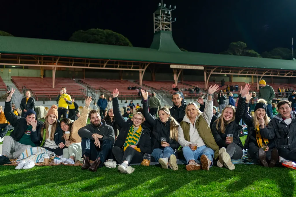 Friends enjoying the Matildas live site at North Sydney Oval
