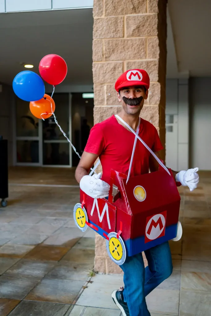 Guest dressed as Super Mario at the Quantum Day corporate costume party