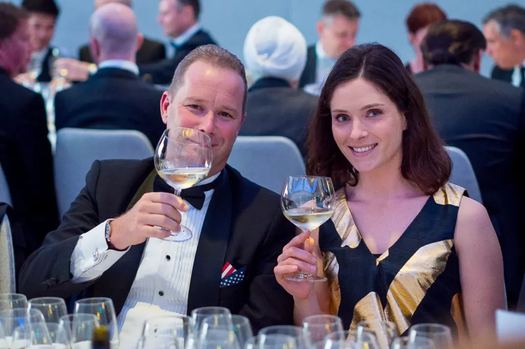 Black tie guests enjoying wine at the 2017 Six Nations Wine Challenge