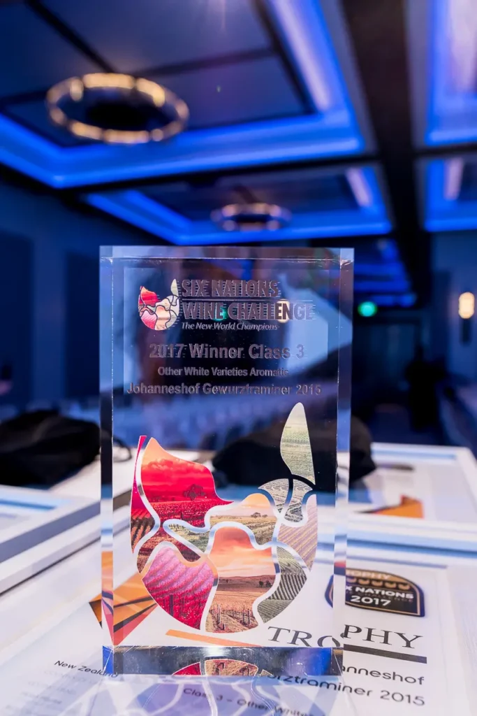 Johanneshof Gewurztraminer 2015 Class 3 trophy at the 2017 Six Nations Wine Challenge