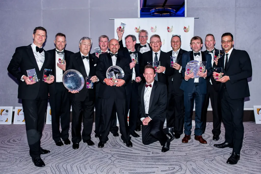Group of trophy winners celebrating at the 2017 Six Nations Wine Challenge awards dinner