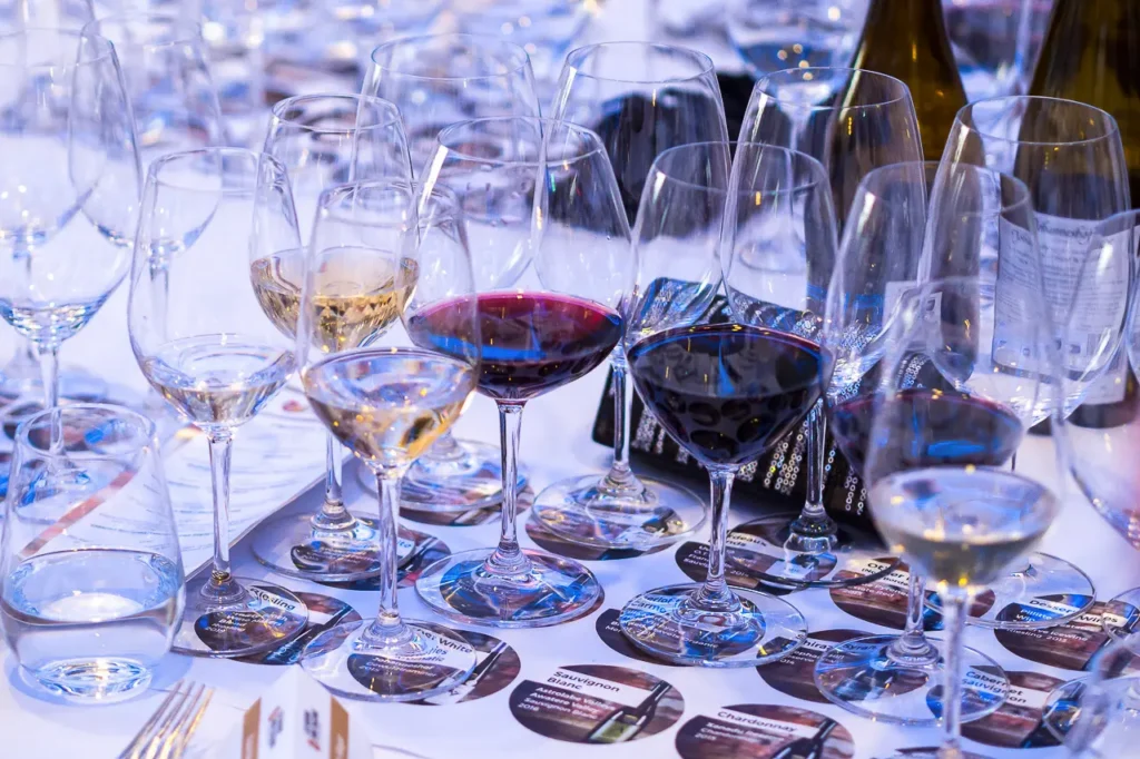 Red and white wine tasting glasses arranged at the Six Nations Wine Challenge