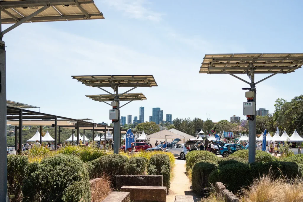 Solar panels and festival stalls at the Coal Loader Centre for Sustainability in Waverton