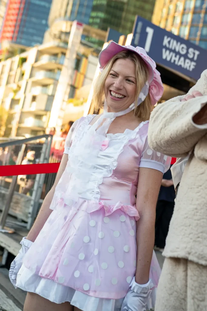 Costume party guest photographed at King Street Wharf in Darling Harbour