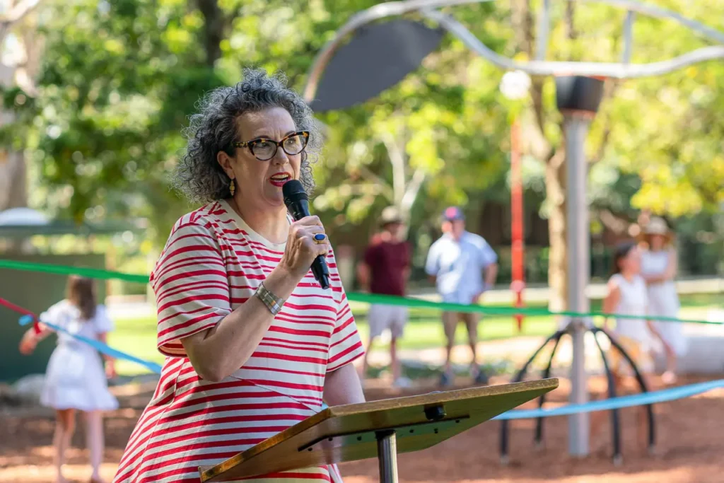 Event photography capturing a speech at the St Leonards Park playground opening